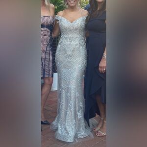 TERANI Couture Fully Beaded Off Shoulder Gown Sandstone/Silver Size 8